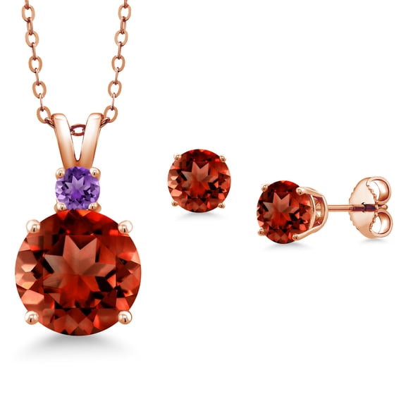 Gem Stone King 18K Rose Gold Plated Silver Round Red Garnet and Purple Amethyst Pendant and Earrings Jewelry Set for Women (5.76 Cttw, Gemstone Birthstone, with 18 inch Chain)