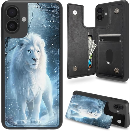 Case for iPhone 16 Case Wallet Case with Card Holder, PU Leather Kickstand Double Magnetic Clasp Shockproof Cover Case for iPhone 16 6.1" 2024, White Lion