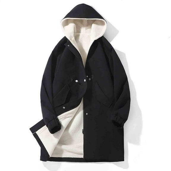 Levmjia Men's Long Coat with Fleece Lining Knee-Length Windproof Polyester Jacket Thickened Winter Hooded Overcoat Zipper Drawstring Pockets Outerwear Sizes M-3XL