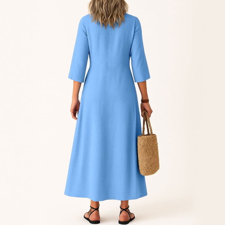 Suining Womens Linen Dress Fall Long Sleeve Loose Fit Shift Dresses Lightweight Basic Vneck Long Flowy Modest Dress Blue M, Women's, Size: Medium