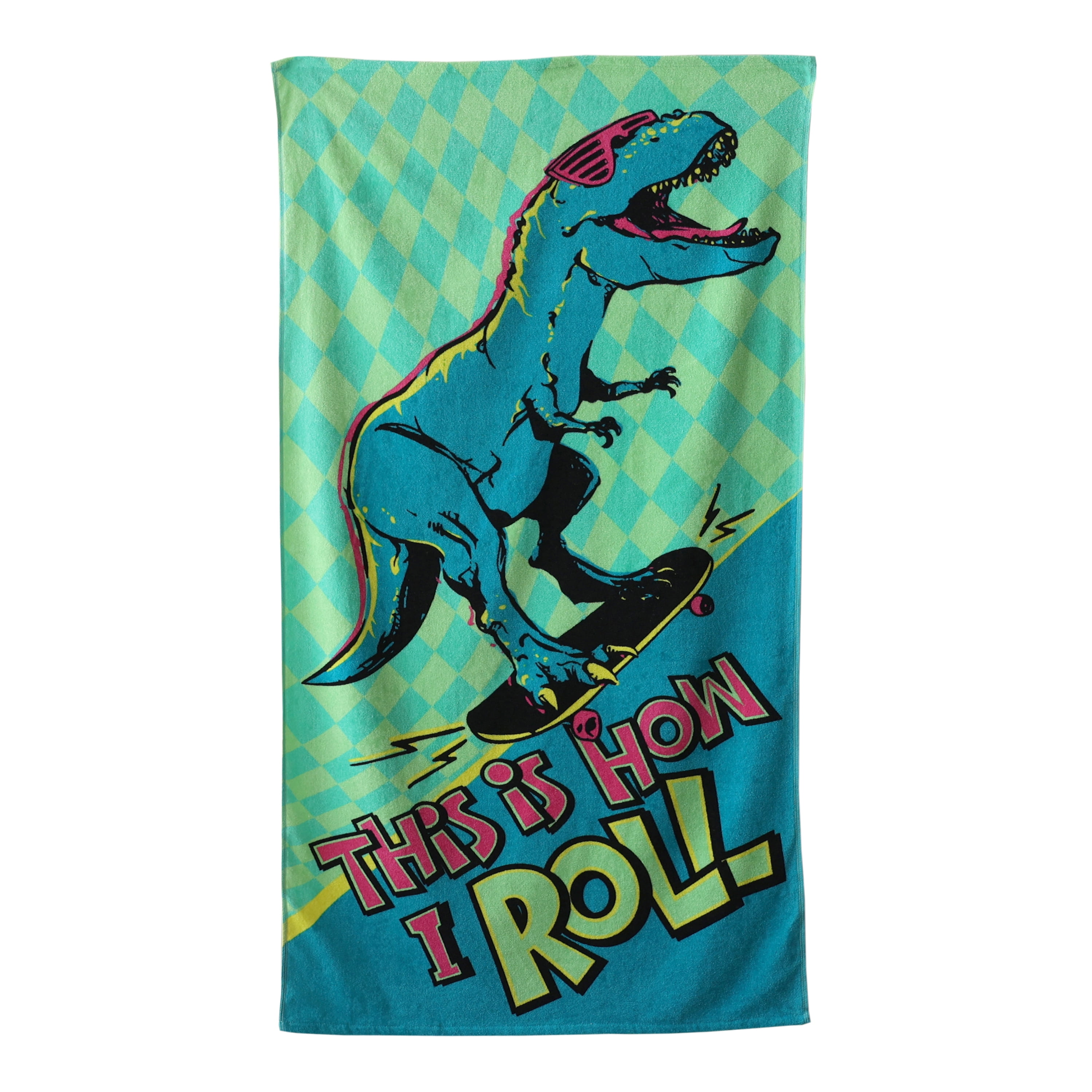 Mainstays Velour Beach Towel, Skateboard Dinosaur, Multi-Color , 28x60