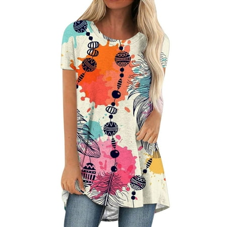 

kakina CMSX Oversized Womens Tops Summer Printed Round-Neck Loose Short Pullover Sleeve Tops Blouse Casual Tops T-Shirt Beige M