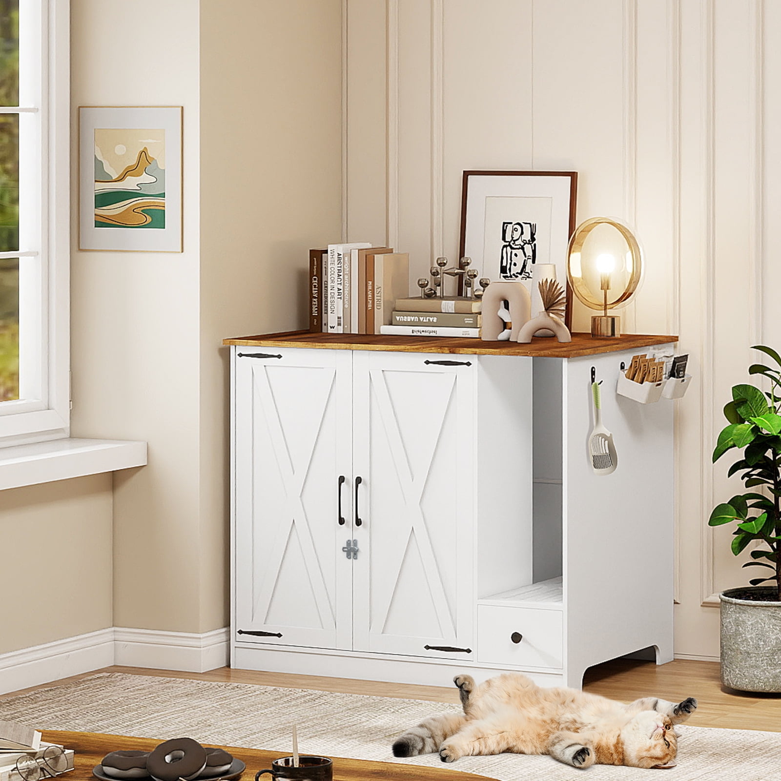 FULLWATT Large/Tall Cat Litter Enclosure, Litter Box Furniture Hidden, Cat Litter Box Enclosure Cabinet Large with Double Doors and Pull-Out Drawer for Self-Cleaning Litter Boxes