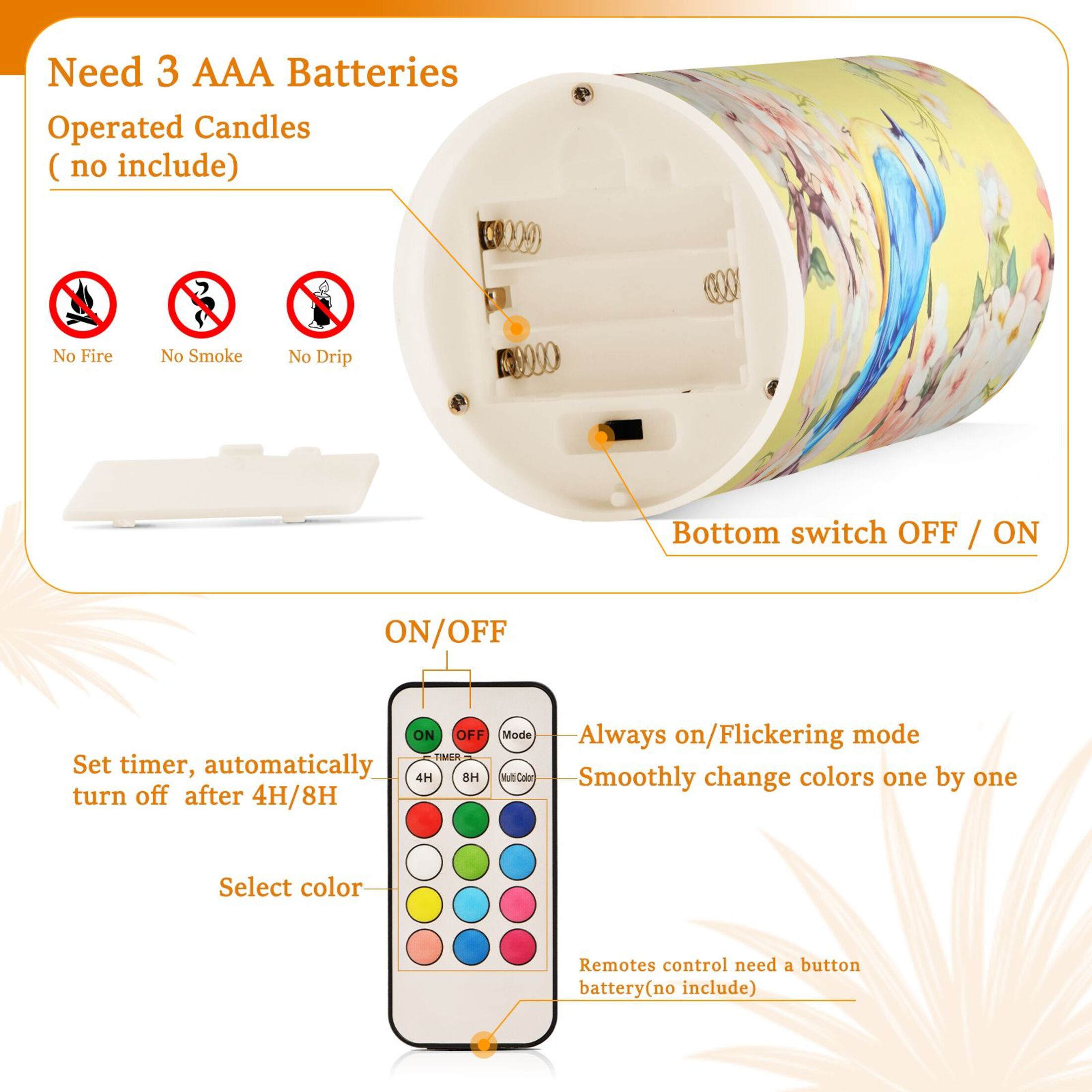 Flower and Bird Flickering Flameless Candles Battery Operated with Remote Timer LED Pillar Candles Set of 2