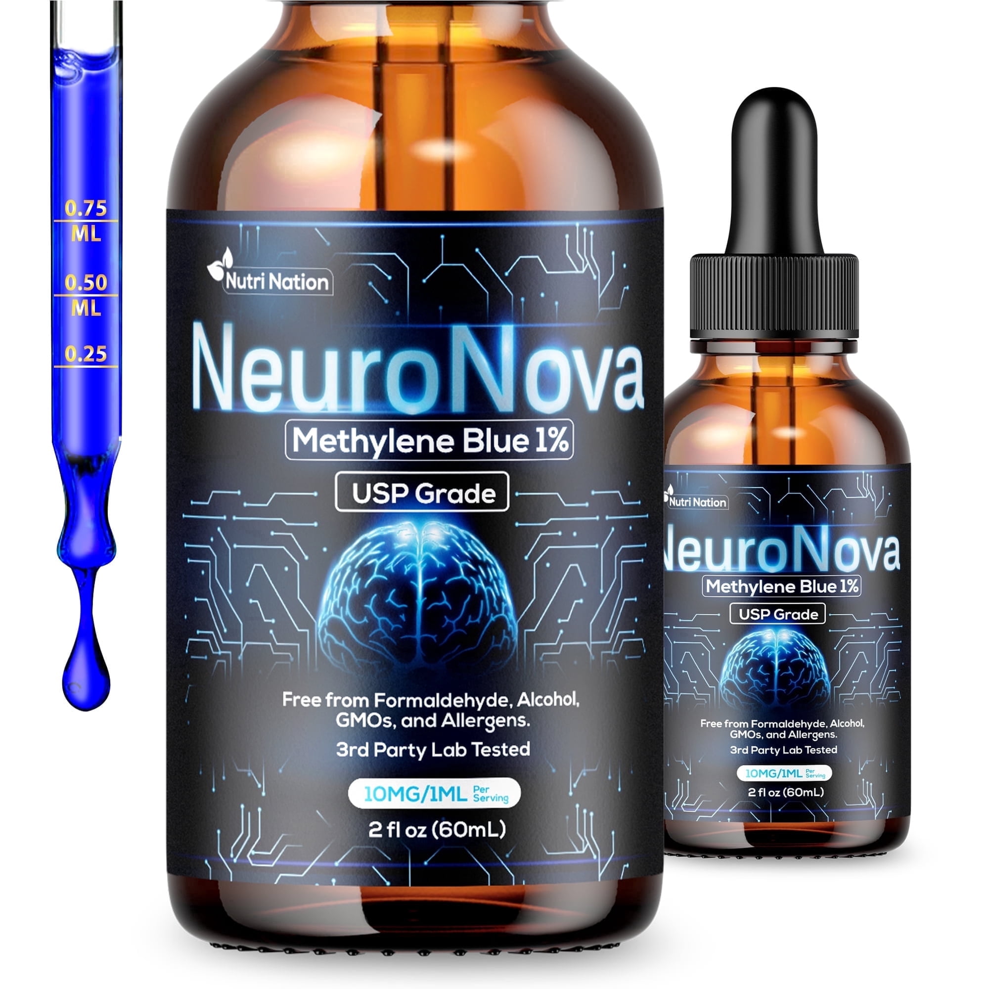 Nutri Nation Neuro Nova Methylene Blue Drops USP Pharma Grade 10 mg per mL, No Formaldehyde, 2 fl oz (60 mL), Memory & Focus Support