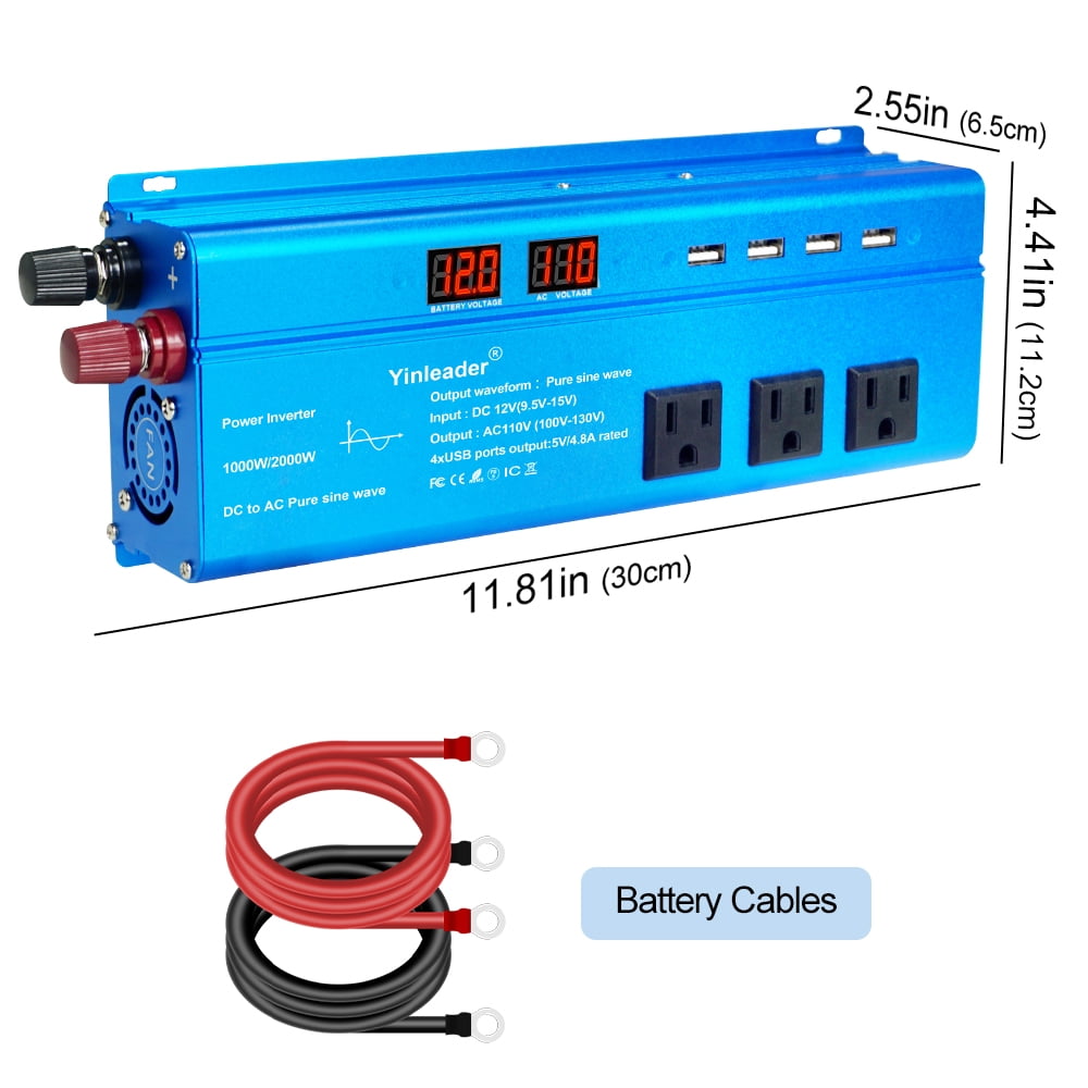 Yinleader 1000 Watt Pure Sine Wave Power Inverter 12V to 110V Car RV Converter 3Sockets 4USB LED Display