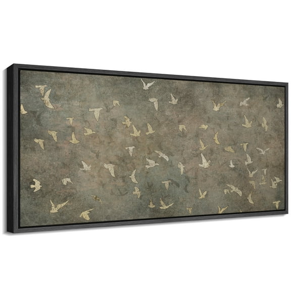 Large Framed Canvas Print Vintage-Inspired Golden Birds on Aged CanvasWall Art Decorative Ready to Hang Painting for Living room Bedroom 60x30 inches Black Frame