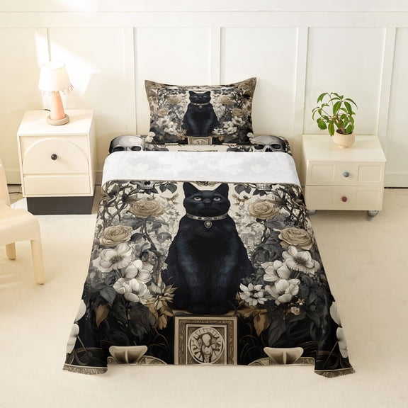 Homewish Skull Black Cat Twin Sheets,Vintage Flowers Bedding,Cream Black,Halloween Bed Set,3pcs,1 Fitted Sheet and 1 Pillowcase