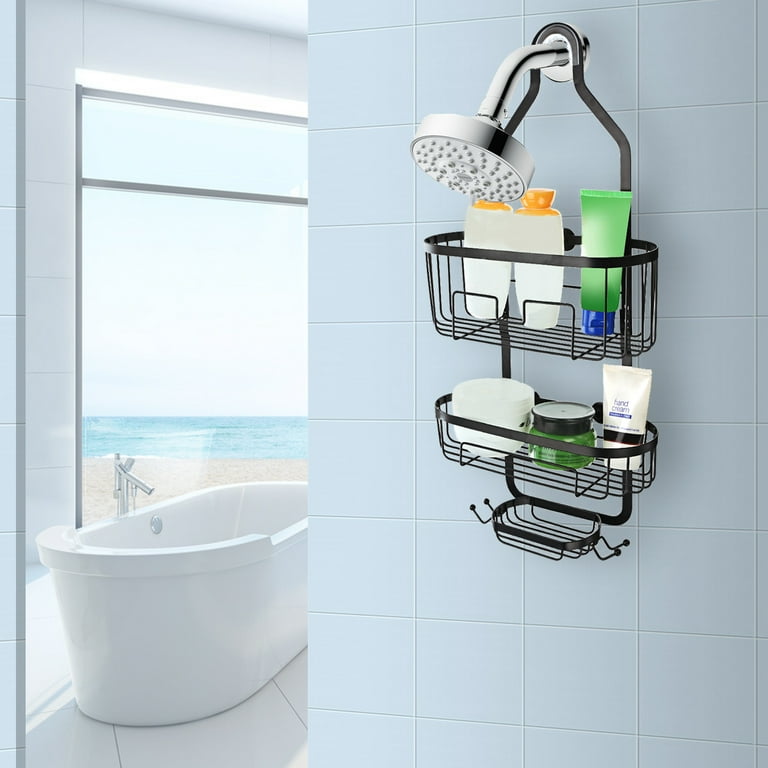 Shower Caddy over Shower Head, Aluminum Rustproof Shower Caddy with 3 Shelf  and 2 Hooks, Strong Suction Cups, Extra Wide Shower Organizer for Shampoo,  Conditioner and Soap,Black Auction