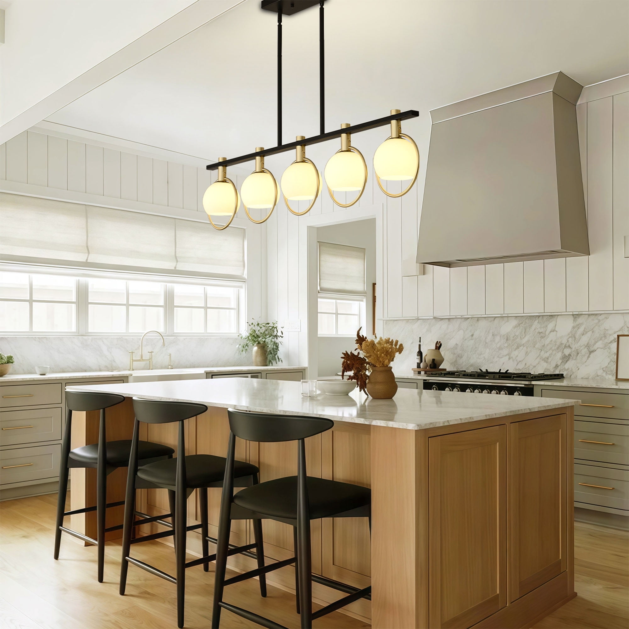 Gold Linear Island Pendant,41"Dining Room Light Fixture Over Table,5-Light Kitchen Island Lighting,Farmhouse Linear Chandelier for Kitchen Dining Room