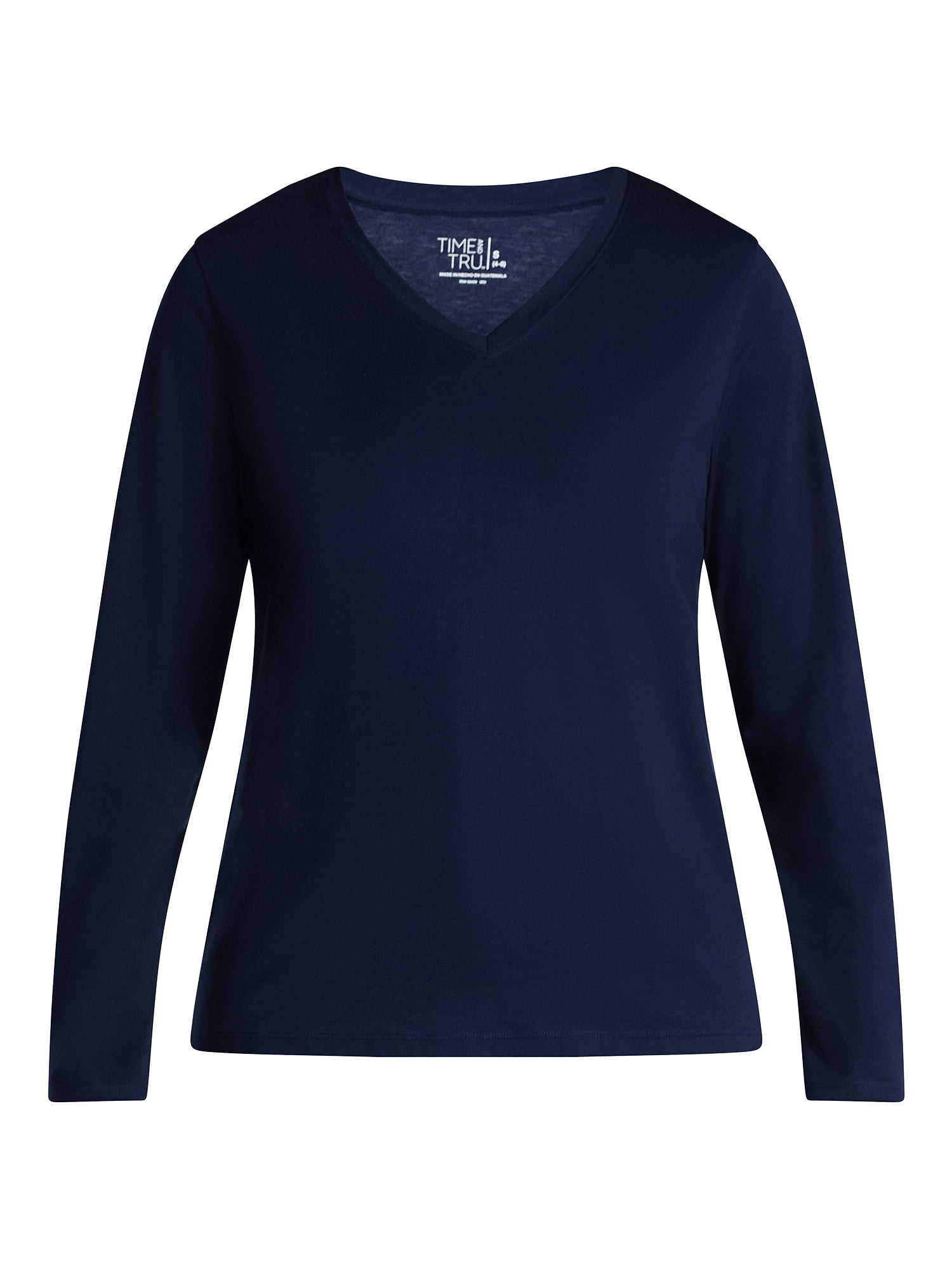 Time and Tru Women's Cotton V-Neck Tee with Long Sleeves, Sizes XS-XXXL