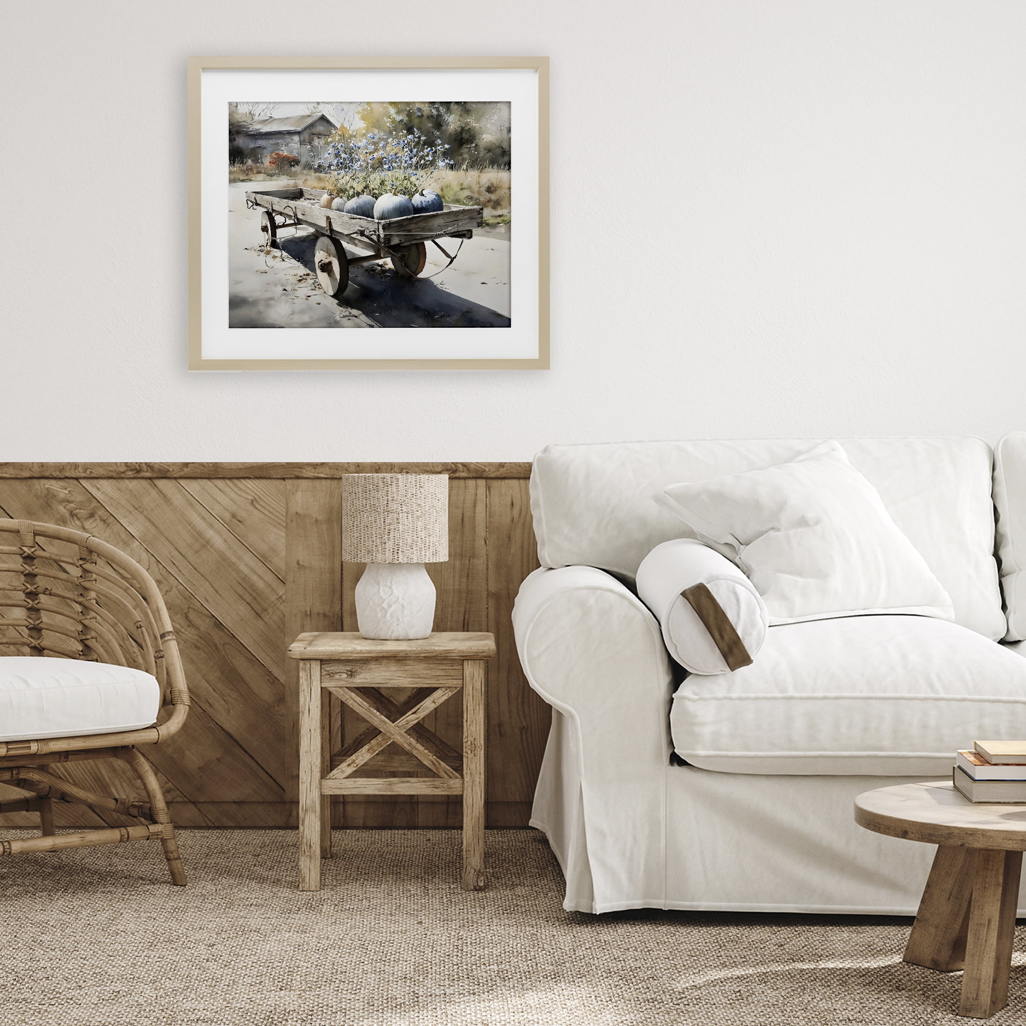 Stupell Industries Blue Pumpkin Wagon in Sunlight Birch Framed Print Under Glass, design by Franklyn Gregory