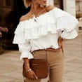 thumbnail image 2 of Haut à Épaules Dénudées pour Femmes à Volants Superposés Manches Longues Couleur Unie Style Décontracté T-Shirts pour la Vie Quotidienne, 2 of 5