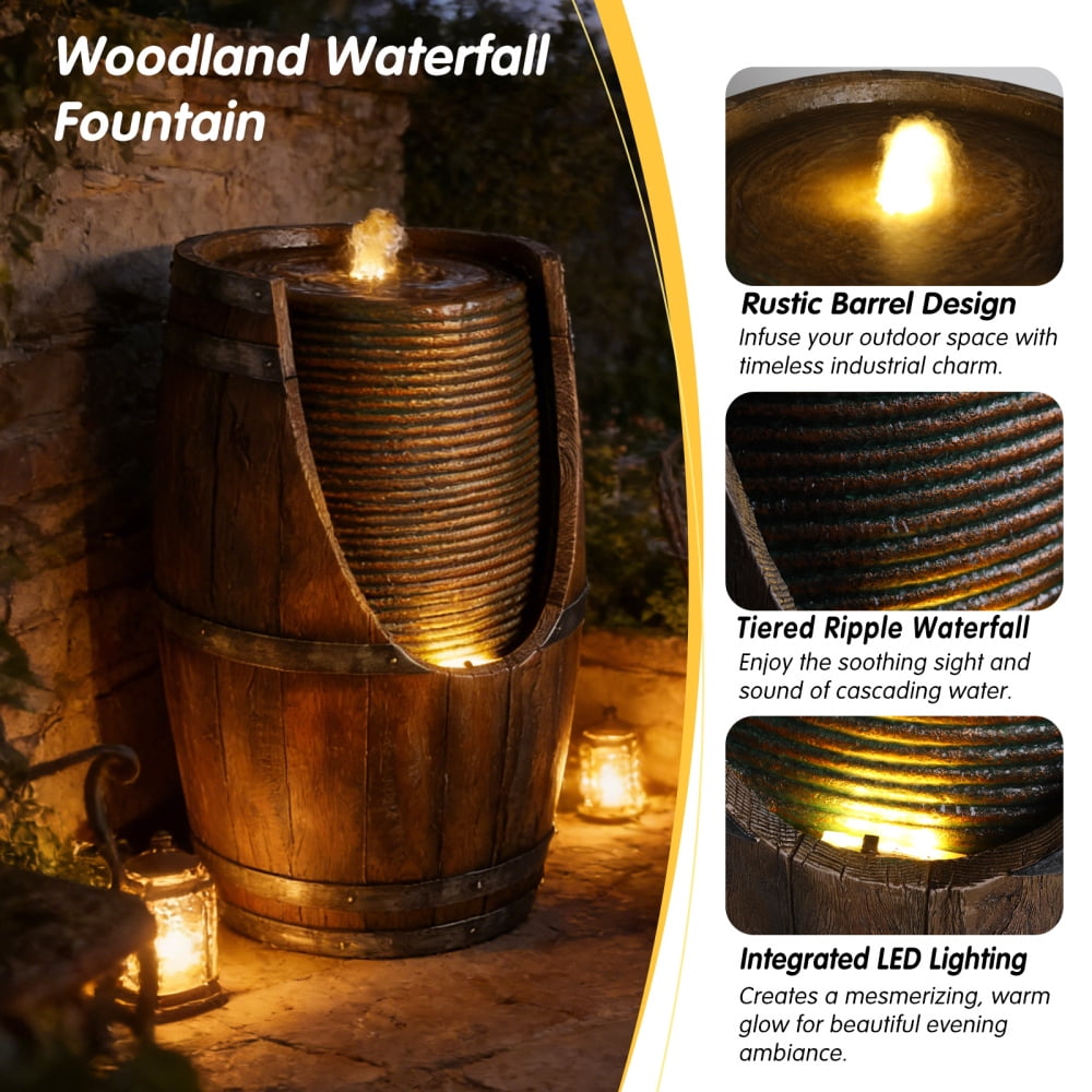 24.8" Barrel Cascading Outdoor Water Fountain with LED Lights, Wood Look Resin Handmade Waterfall Garden Decor for Patio Yard Porch