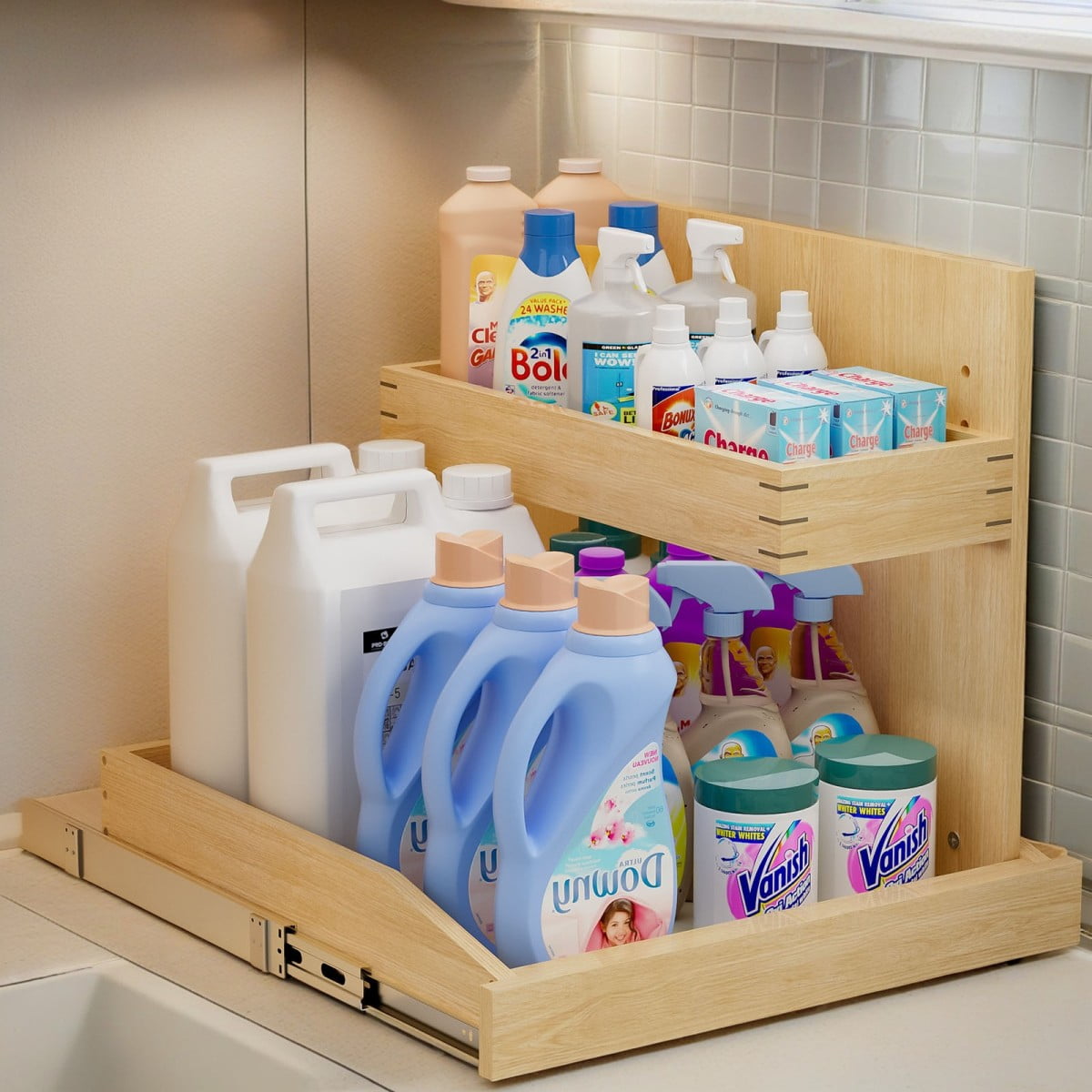 2 Tier Soft Close Pull Out Under Sink Organizer 22½ W x 21 D Adjustable with U Bracket for Bathroom Kitchen Right Christmas Gift