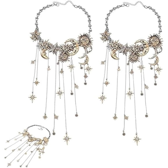 Sun Moon and Stars Necklace for Women - Vintage Statement Tassel Necklace, Layered Pendant Waterfall Choker, Boho Celestial Jewelry Gift(XX-2pcs)