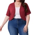 thumbnail image 6 of Women's Plus Size Cropped Cardigans Open Front V Neck Short Sleeve Knit Shrug Lightweight Dress Cover Up Wine, 6 of 9