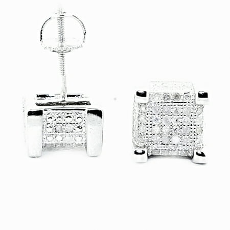 Cube Sterling Silver Earrings - Cube Shaped Diamond Mens Stud Earrings Sterling Silver 8mm Wide Screw Back 0.3cttw