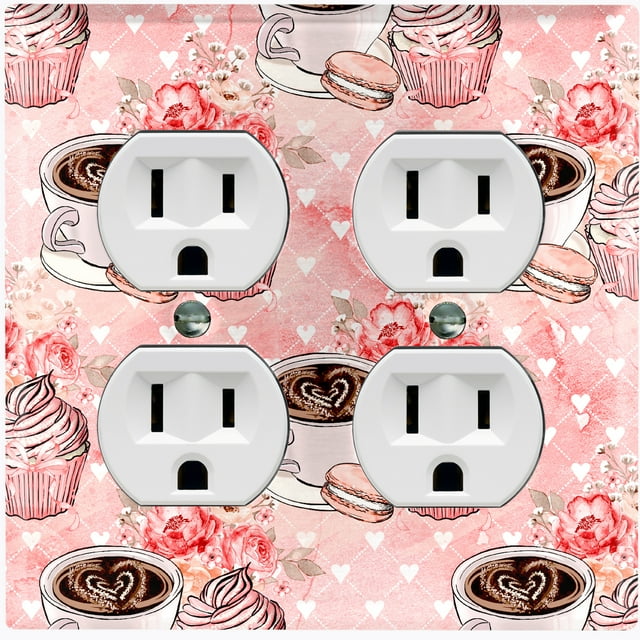 Metal Light Switch Wall Plate Outlet Cover (Coffee Mocha Espresso Heart Cupcake Macaron Flower Bouquet Pink - Double Duplex)