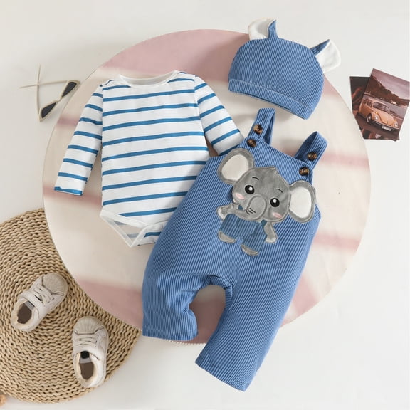 RTKFRFLM Baby Boys Elephant Print Outfit Long Sleeve Top with Corduroy Overalls and Matching Hat Set