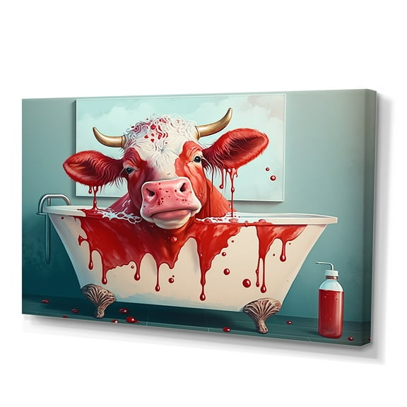 Designart Funny Red Cow In The Tub Canvas Wall Art