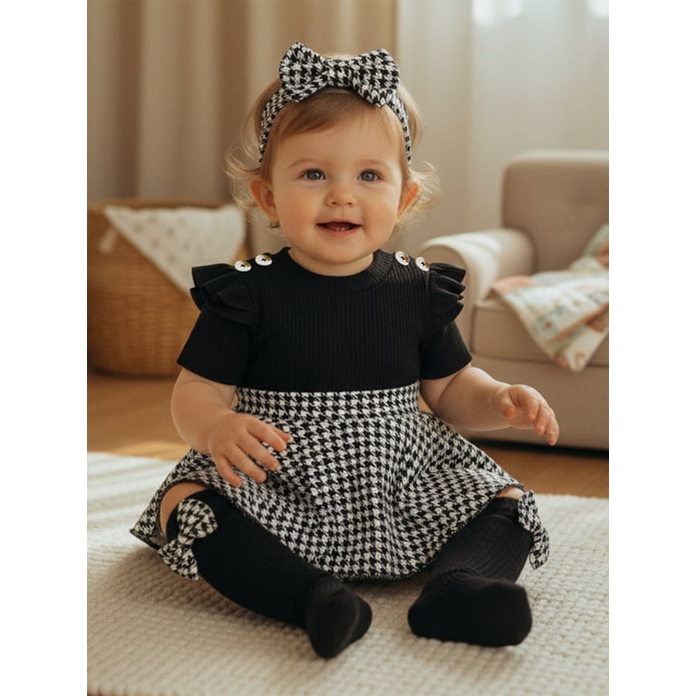 Loicainy Baby Girl Houndstooth Romper, 3-Piece Outfit Set photo 4