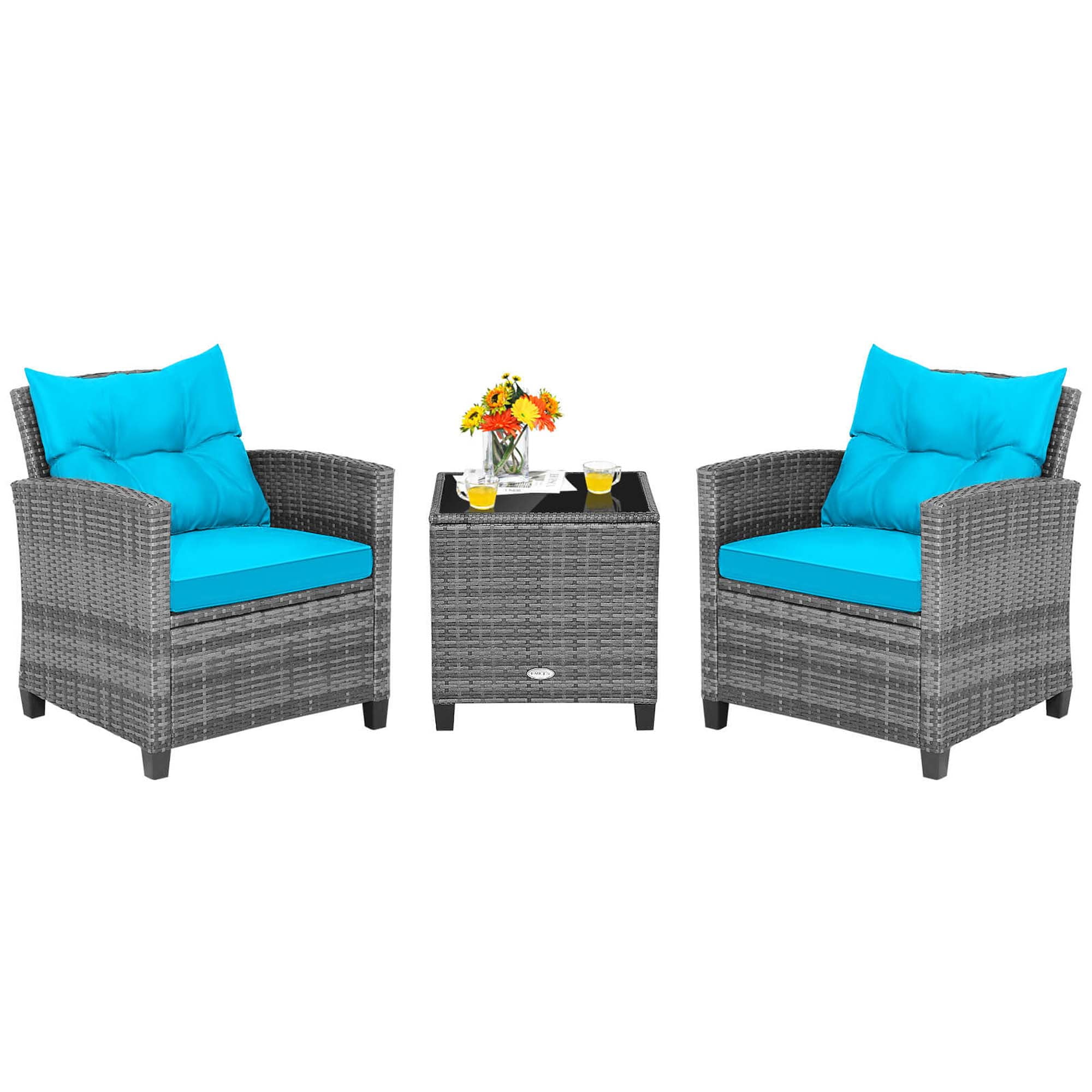 Costway 3-Piece Rattan Outdoor Patio Dining Set with Side Table Armrest, Gray/Turquoise