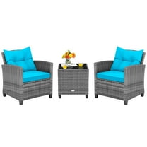 Gymax Set of 3 Rattan Furniture Bistro Set Cushioned Sofas Side Table Armrest Turquoise