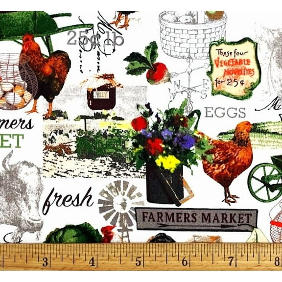 1 Fat Quarter - Farmer's Market Chickens Eggs on White Cotton Fabric - 21" X 18"