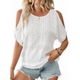 thumbnail image 3 of Women'S Cold Shoulder Eyelet Tops Crew Neck Batwing Sleeve T-Shirts Textured Knit White XXL, 3 of 9
