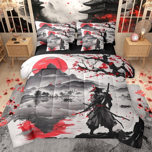 jejeloiu Japanese Samurai 7-Piece Twin Bedding Sets,Retro Ink Painting Bedding Comforter Set,Red Flower Floral Sheet Sets For Boys Kids,Microfiber Bedroom Decor Reversible