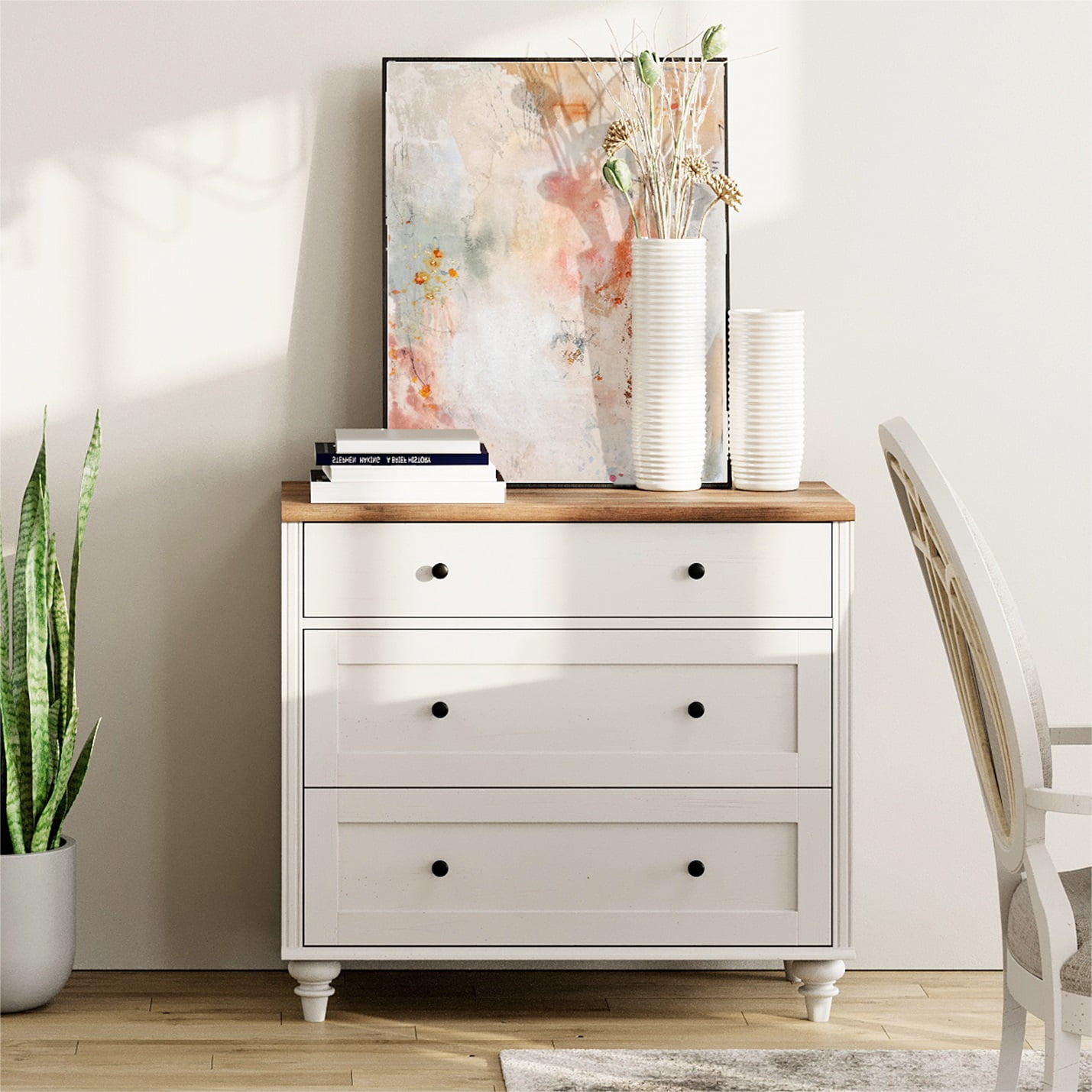 3 Drawer Dresser for Bedroom, White Kids Dressers Wood Mid Century Modern Closet Storage Organizer for Living Room, Nursery, Hallway