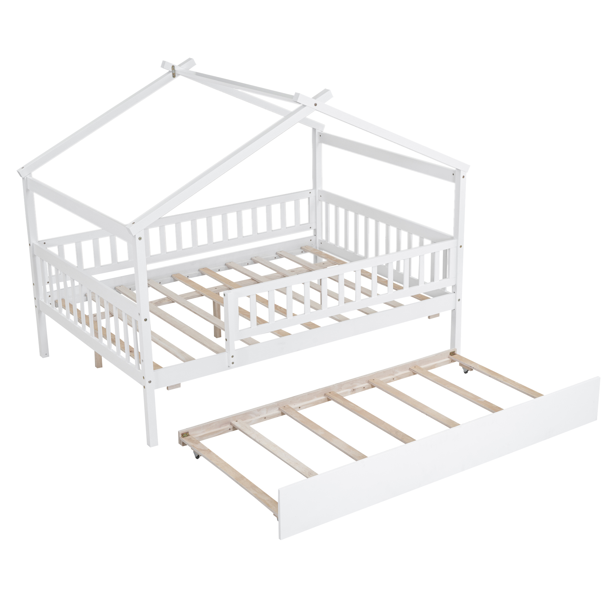 Euroco Full Size House Bed with Trundle, Canopy Low Profile Bed for Kids, White