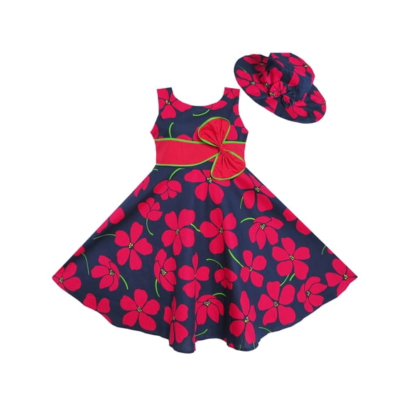 2 Pecs Girls Dress Sunhat Bow Tie Flower Summer Beach Kids Clothing 4-5