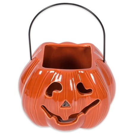 DII Halloween & Fall Orange Pumkpin Treat Bag Candy Dish Decorative Ceramic LED Lantern for Indoor Decor or Outdoor Lighting