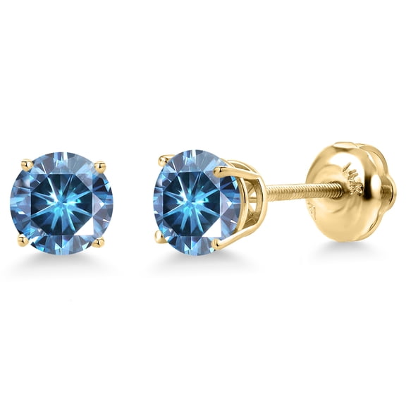 Gem Stone King 14K Yellow Gold Persian Blue Moissanite Stud Earrings for Women | 2.00 Cttw | Gemstone Birthstone | Round 6.5MM