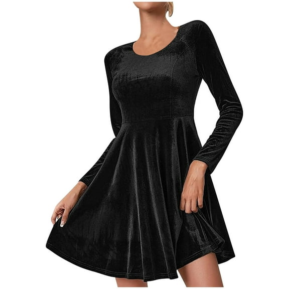 qolati Women's Velvet Dress Fall Winter Long Sleeve Cocktail Christmas Party Club Dresses Flare Swing Mini Prom Dress for Wedding Guest 2024 Black M