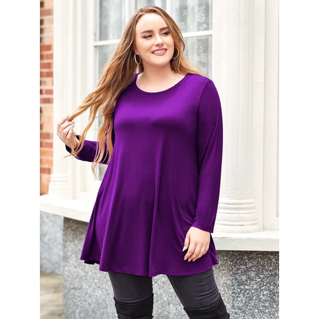 LARACE Womens Tops Plus Size Tunic Casual T-Shirts Flowy Color Block Contrast Blouses Long Knotted Sleeve DeepPruple 2X