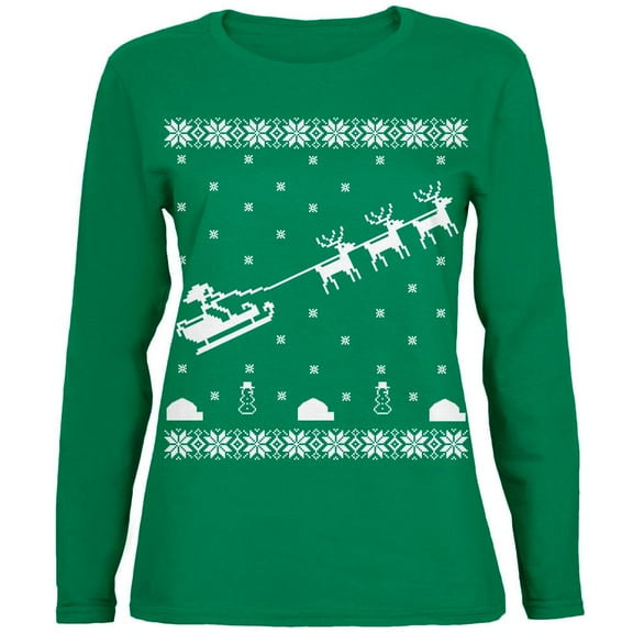 Flying Santa Sleigh Ugly XMAS Sweater Green Womens Long Sleeve T-Shirt - 2X-Large