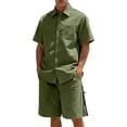 thumbnail image 2 of Hogleaql Men's 2 Piece Short Set Beach Outfits Summer Short Sleeve Button Shirts and Shorts Tracksuits Elastic Waist Relaxed Fit Loose Fit Lightweight Matching Set with Pockets Army Green 2XL, 2 of 4