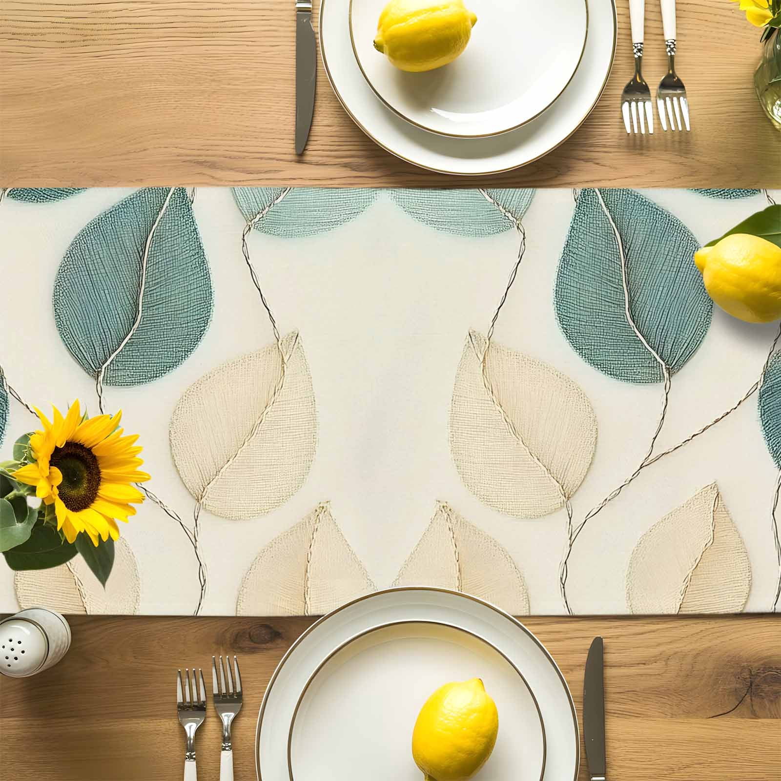 Farmhouse Teal Green Leaf Table Runner 90 Inches Long, Vintage Watercolor Leaves Table Runners Tabletop Scarf Kitchen Dining Tables Decoration for Home Party Indoor Outdoor