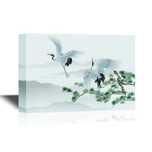 wall26 - Canvas Wall Art - Watercolor Style - Pair of Cranes and Pine Tree - Gallery Wrap Modern Home Art | Ready to Hang - 32x48 inches