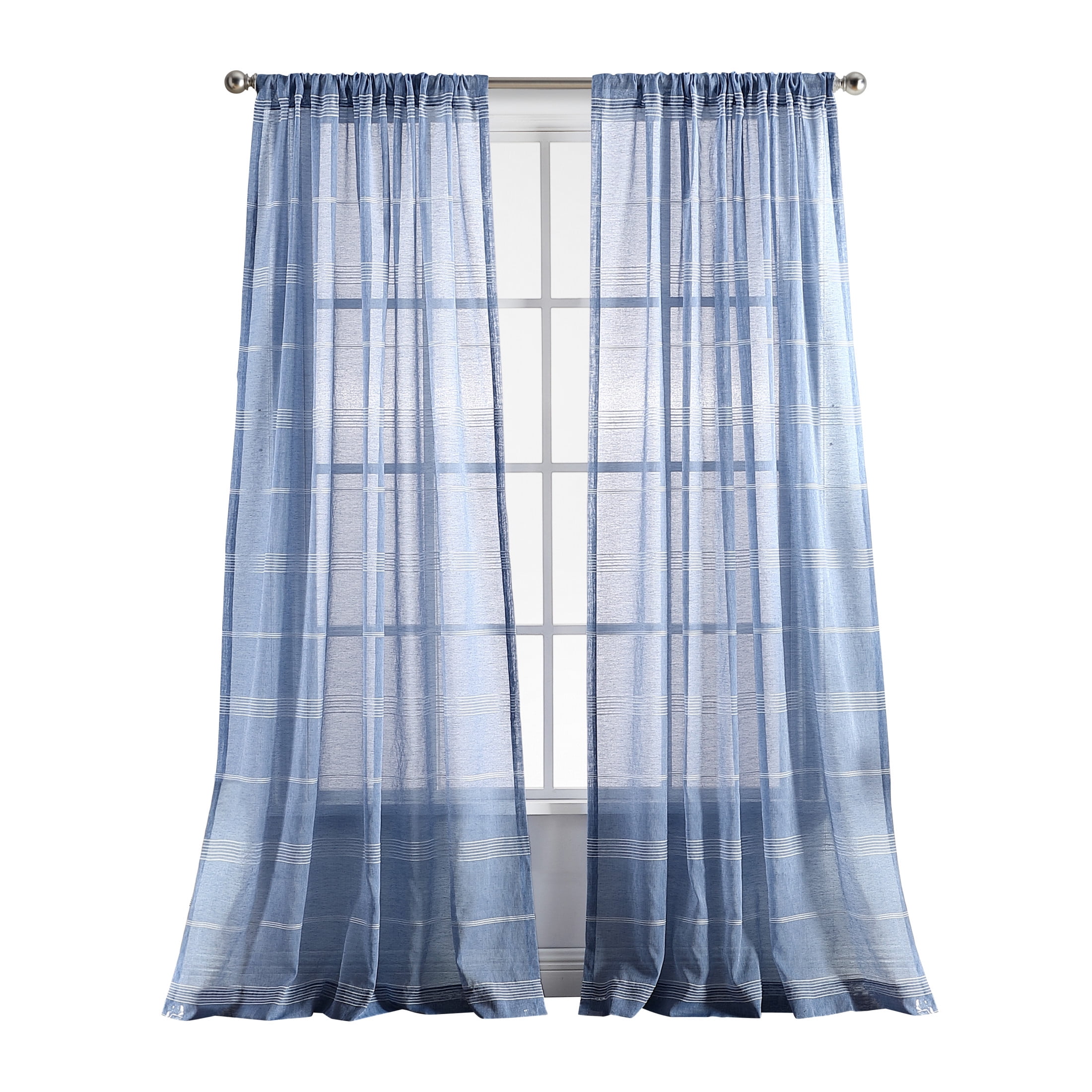 Martha Stewart Delicate Stripe Curtain Panel Pair, Indigo, Rod Pocket, Sheer, Indoor, Adult, 2 Piece Set, 50"x 95"