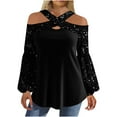 thumbnail image 3 of Aboser Womens Off the Shoulder Tunic Tops Sparkly Sequin Evening Party Shirts Trendy Lantern Long Sleeve Blouses Elegant Crossover Halter Tunics Loose Fit Casual Blouse Black XXL, 3 of 8
