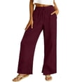 thumbnail image 2 of Linen Pants Women Wide Leg Casual Summer Vacation Outfits Travel Beach Pants Elastic Waist Ankle Split with Pockets Red L, 2 of 7