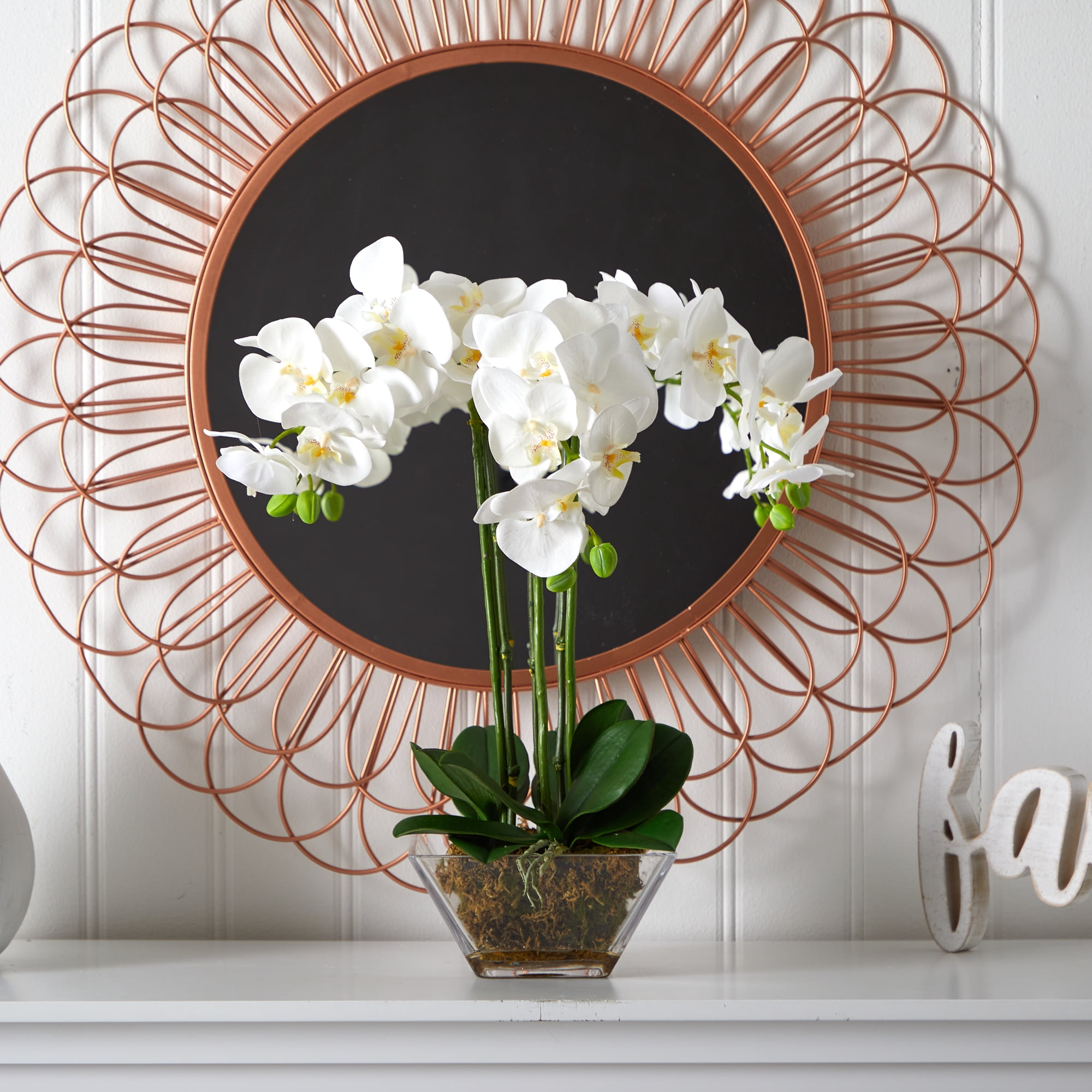 Nearly Natural White Triple Phalaenopsis Orchid Artificial Flowers in Glass Vase