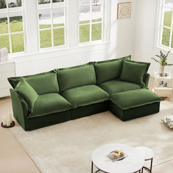 Modern L-Shaped Slipcovered Sectional Sofa (220×80×75cm) with Convertible Ottoman & Big Pillows in Green