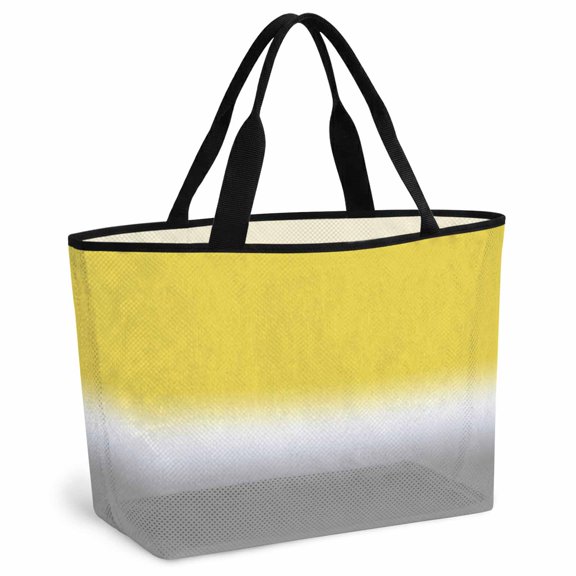 Yellow White Grey Ombre Beach Bag for Women, Large Breathable Mesh Beach Tote Bag, Modern Abstract Aesthetics Sandproof Lightweight Travel Bags for Vacation Picnic Swimming Pool 15.7"x15.7"x9.1"