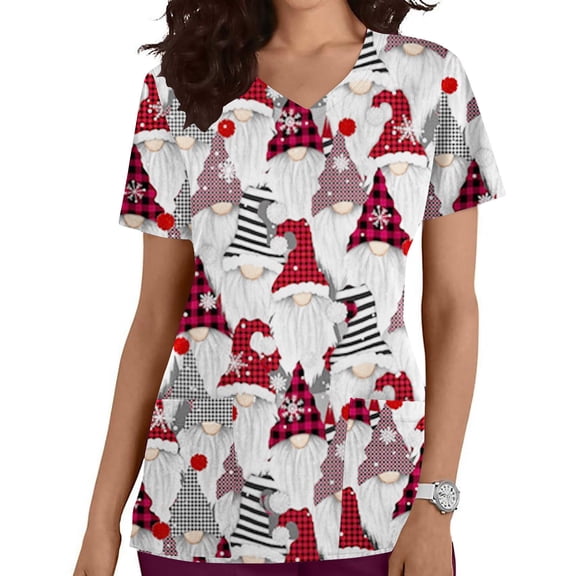 purcolt Christmas Scrubs for Women, Womens Gnome Elf Print Professional Scrubs Tops Short Sleeve V Neck Nursing Workwear Tunic Working Uniform Medical Blouse with Pockets