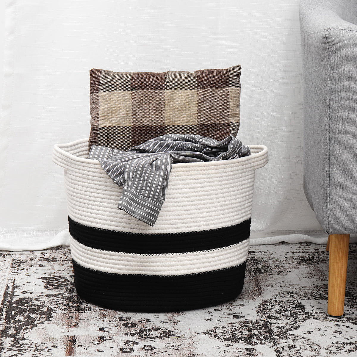 20X20X13 Decorative Cotton Rope Basket with Weave Handles,Grey Blanket Basket Large Laundry Hamper Toy Basket Round Woven Storage Basket 